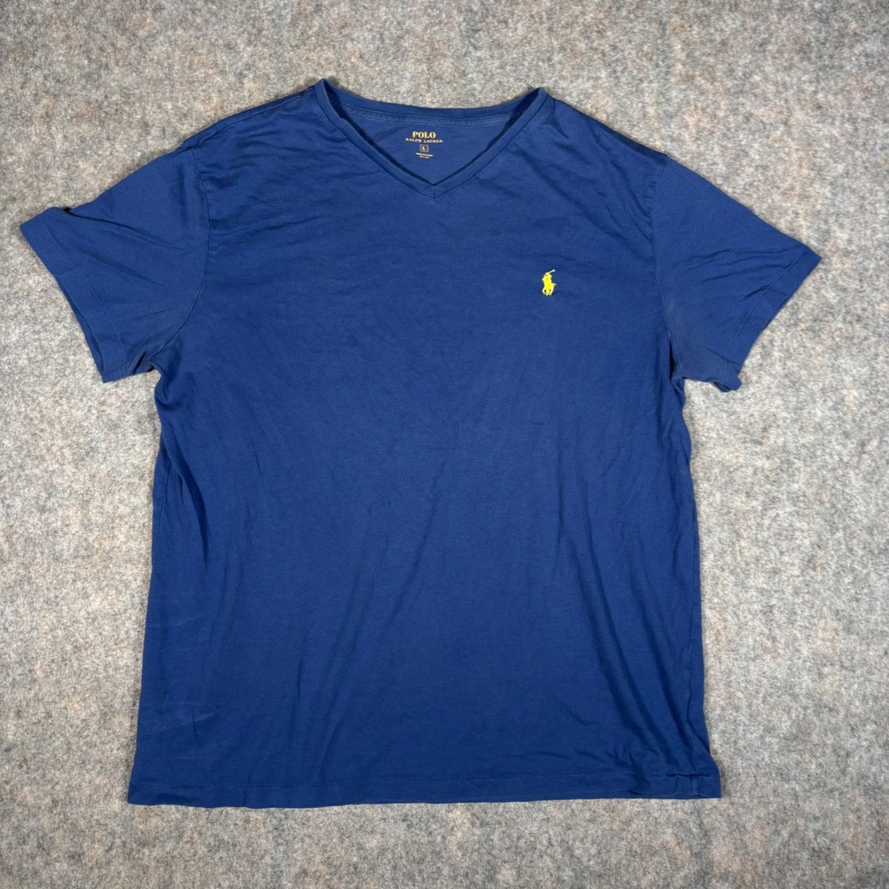 Polo Ralph Lauren V-Neck T-Shirt Mens L Navy Blue Yellow Pony Logo Cotton Tee